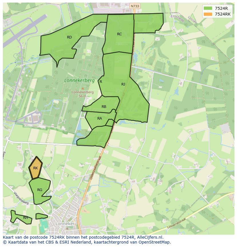 Afbeelding van het postcodegebied 7524 RK op de kaart.