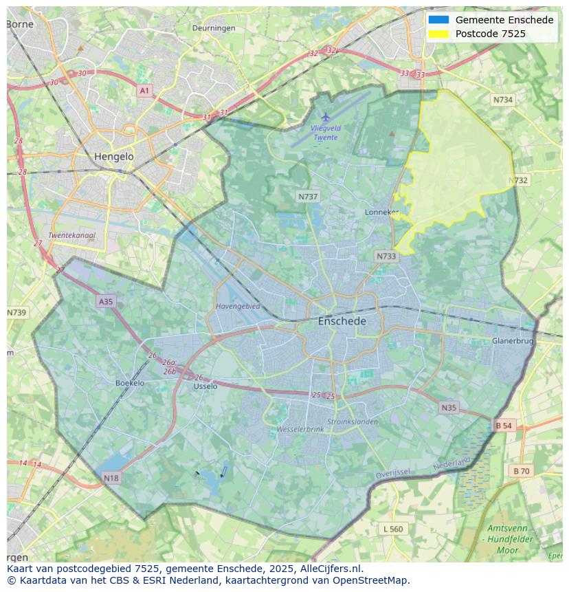 Afbeelding van het postcodegebied 7525 op de kaart.