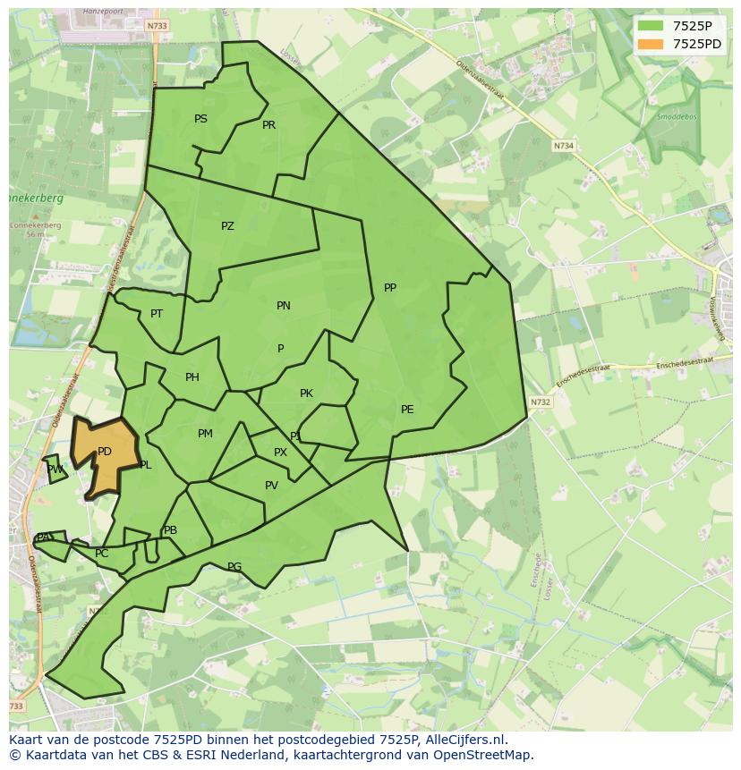 Afbeelding van het postcodegebied 7525 PD op de kaart.
