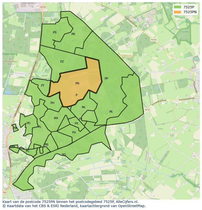Afbeelding van het postcodegebied 7525 PN op de kaart.