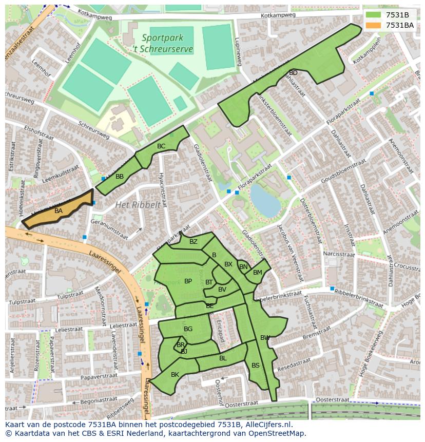 Afbeelding van het postcodegebied 7531 BA op de kaart.
