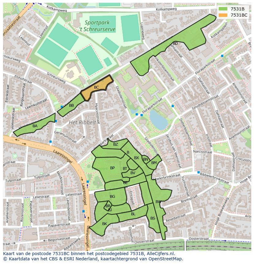 Afbeelding van het postcodegebied 7531 BC op de kaart.