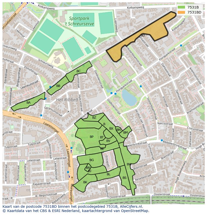 Afbeelding van het postcodegebied 7531 BD op de kaart.