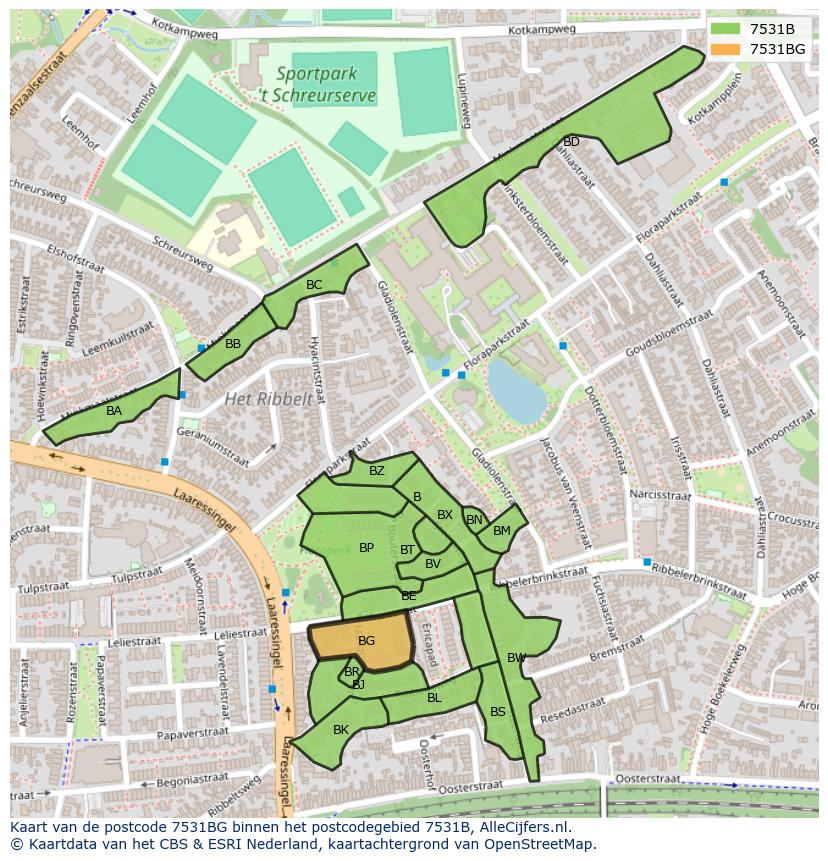Afbeelding van het postcodegebied 7531 BG op de kaart.