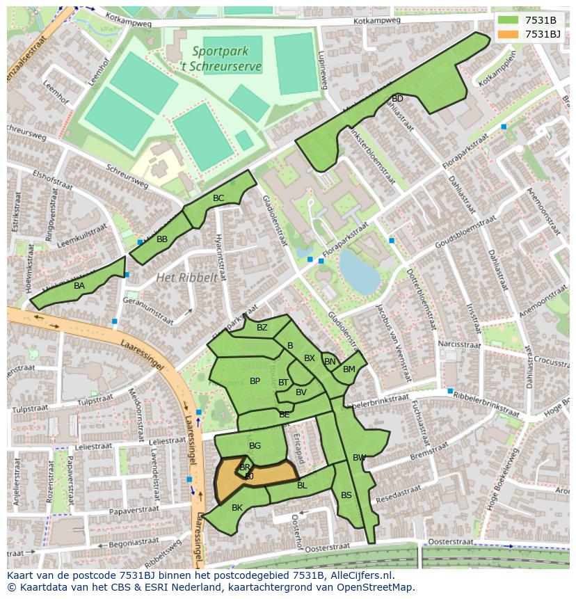 Afbeelding van het postcodegebied 7531 BJ op de kaart.