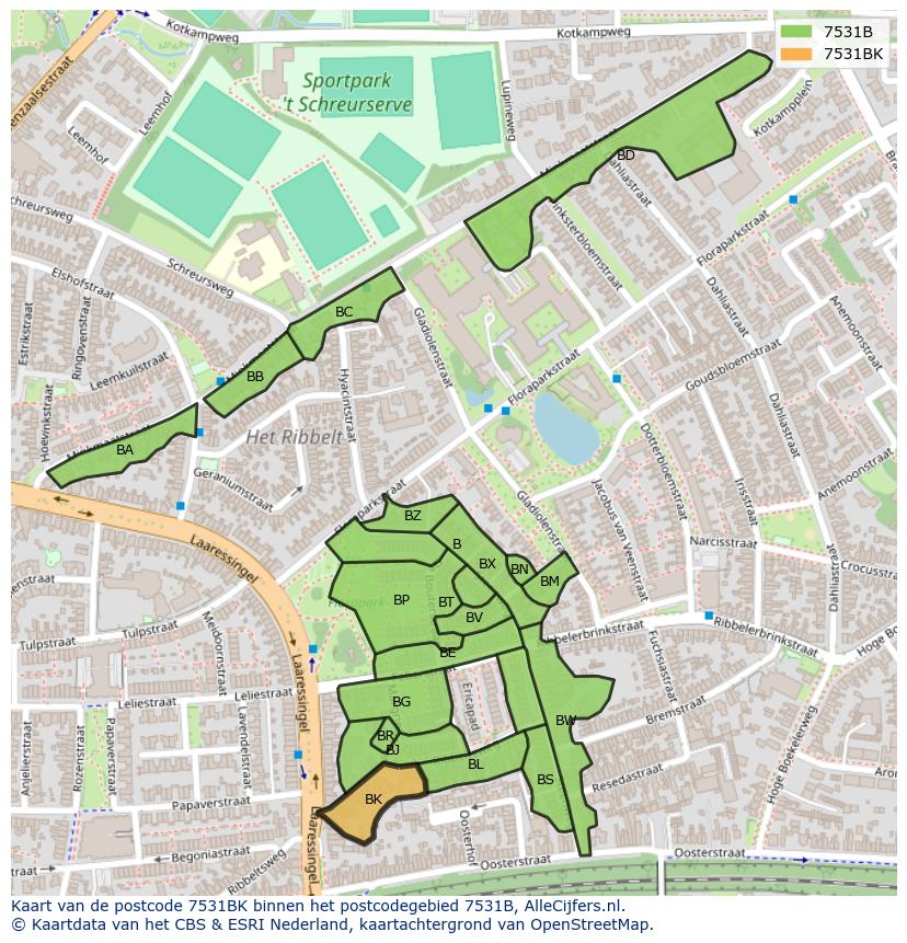 Afbeelding van het postcodegebied 7531 BK op de kaart.