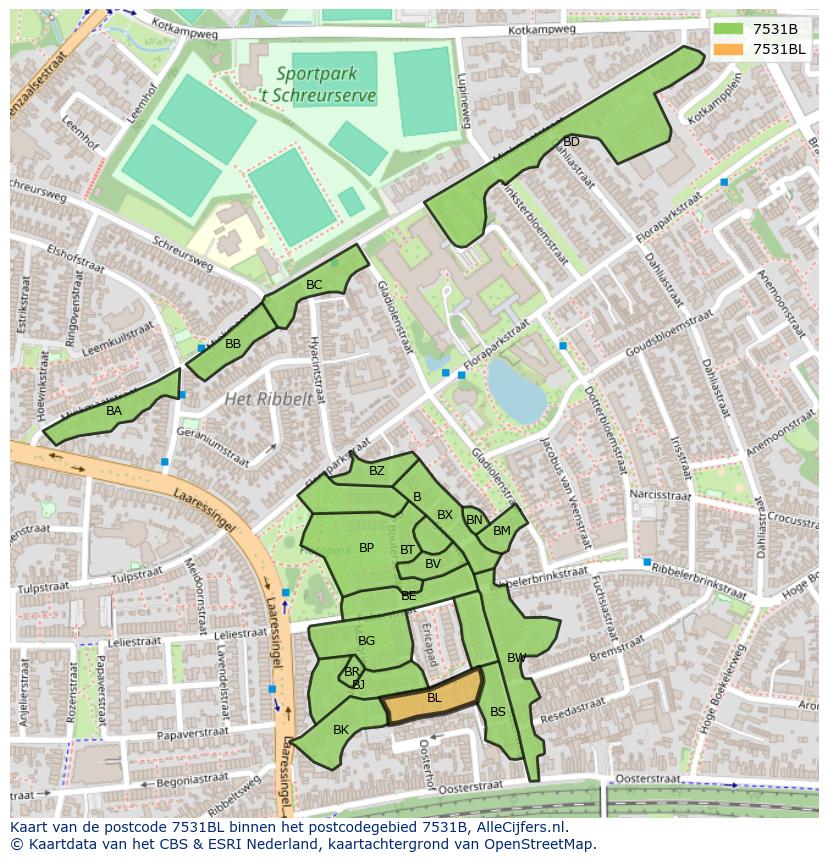 Afbeelding van het postcodegebied 7531 BL op de kaart.