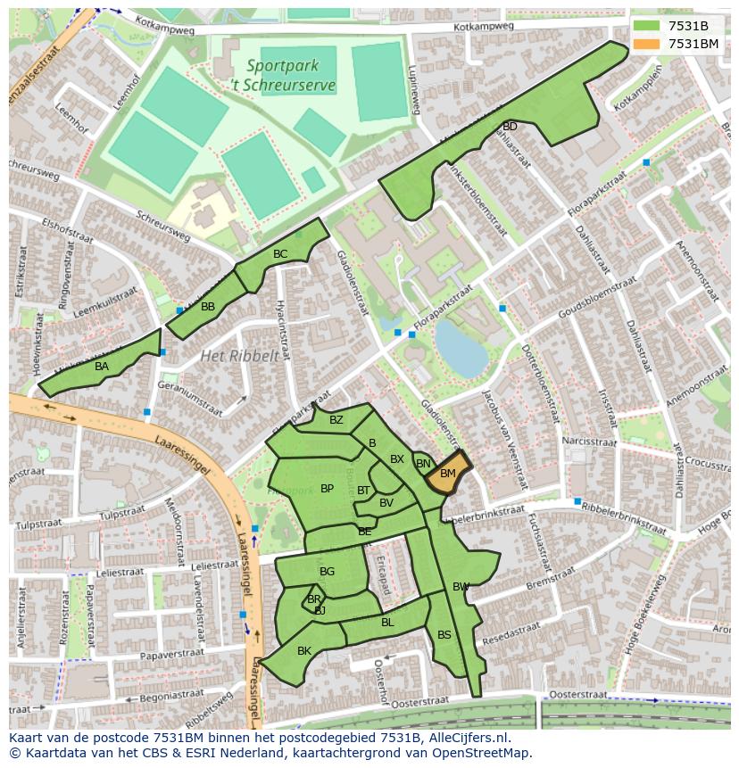 Afbeelding van het postcodegebied 7531 BM op de kaart.