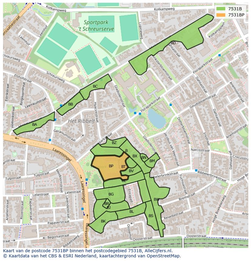 Afbeelding van het postcodegebied 7531 BP op de kaart.