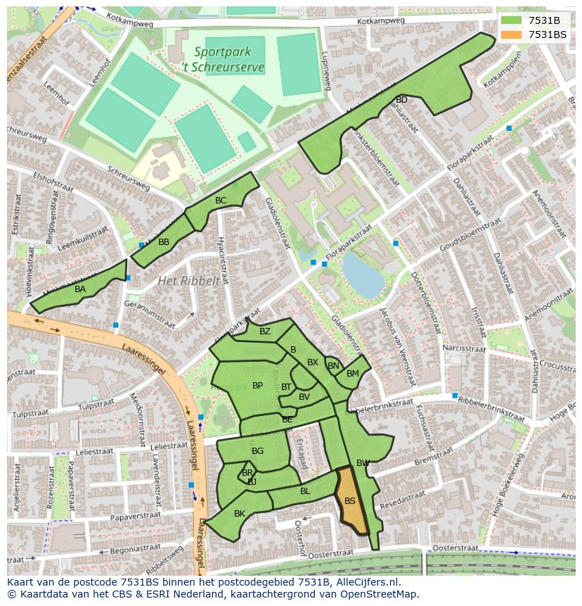 Afbeelding van het postcodegebied 7531 BS op de kaart.