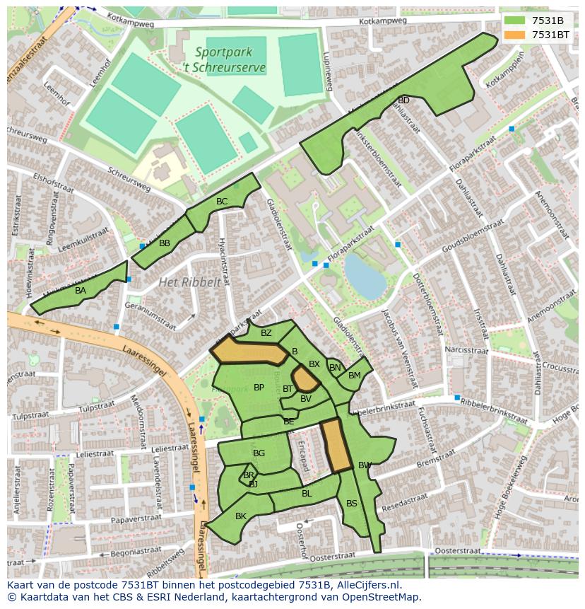 Afbeelding van het postcodegebied 7531 BT op de kaart.