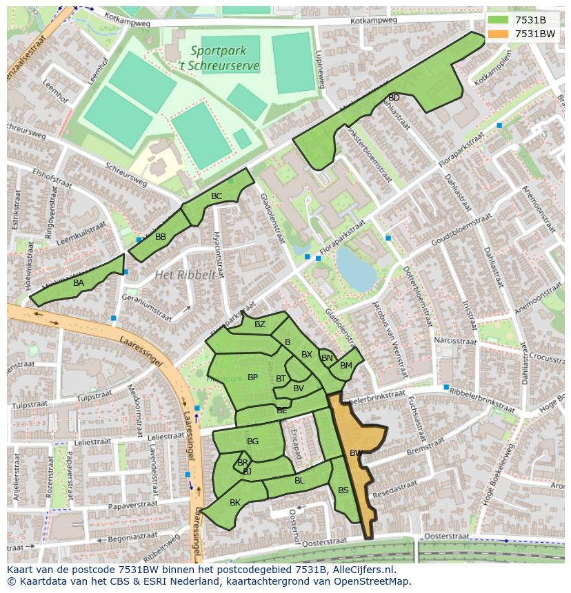 Afbeelding van het postcodegebied 7531 BW op de kaart.