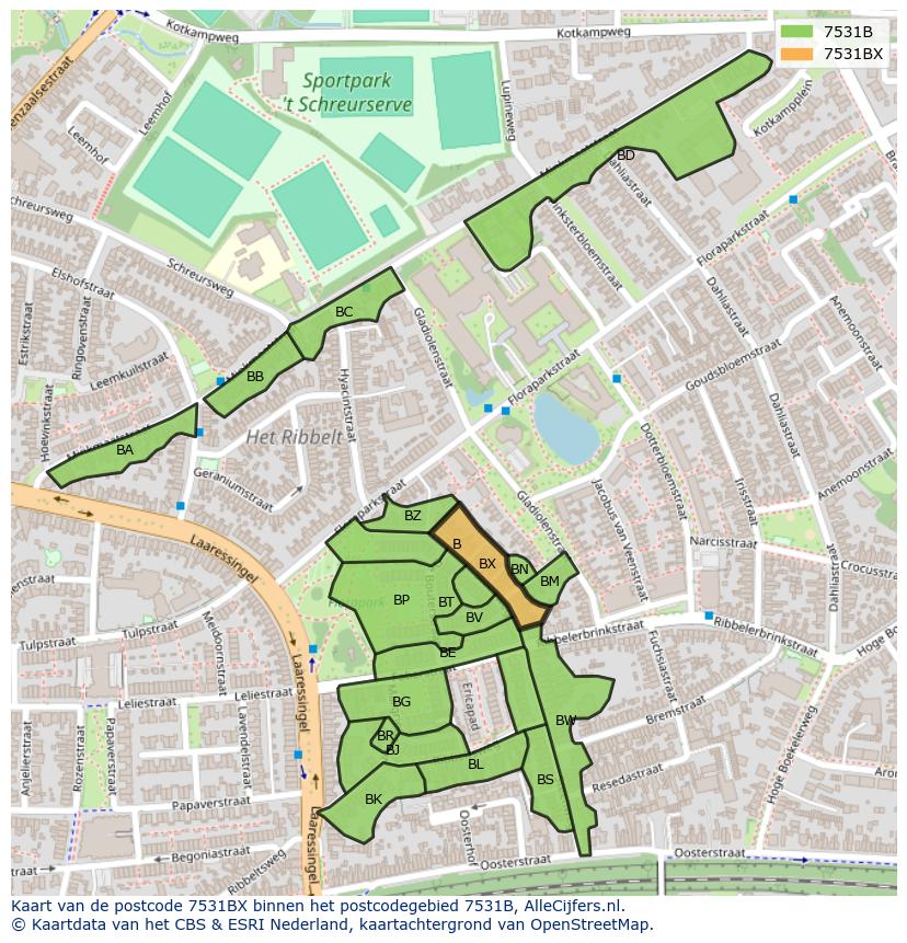 Afbeelding van het postcodegebied 7531 BX op de kaart.