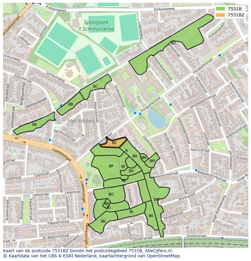 Afbeelding van het postcodegebied 7531 BZ op de kaart.