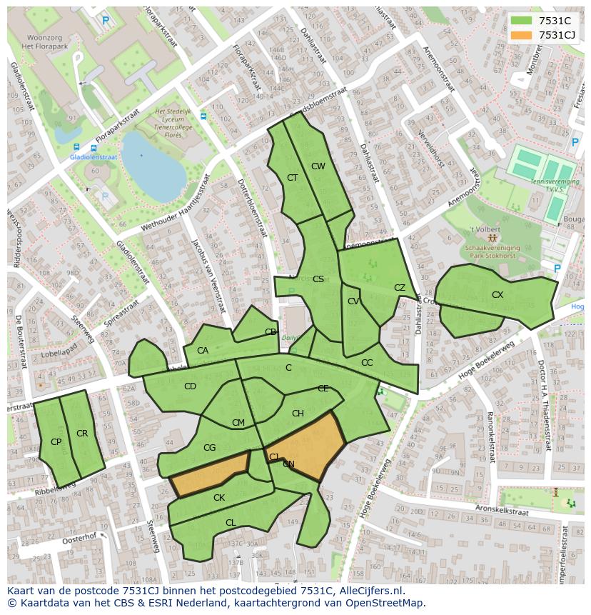Afbeelding van het postcodegebied 7531 CJ op de kaart.