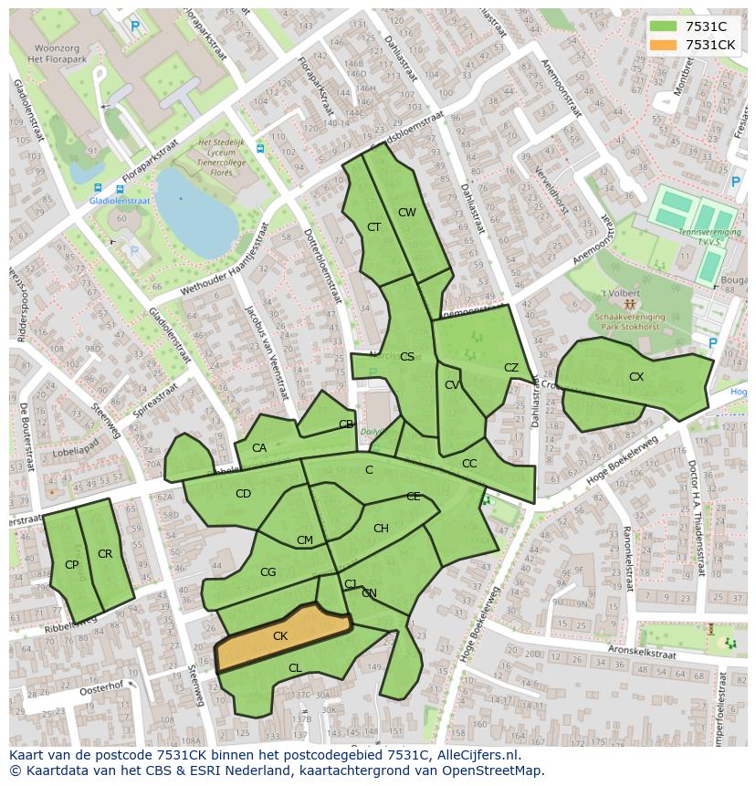 Afbeelding van het postcodegebied 7531 CK op de kaart.