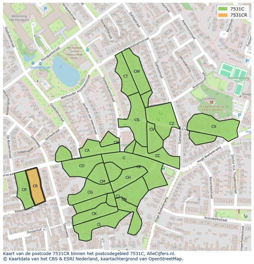 Afbeelding van het postcodegebied 7531 CR op de kaart.
