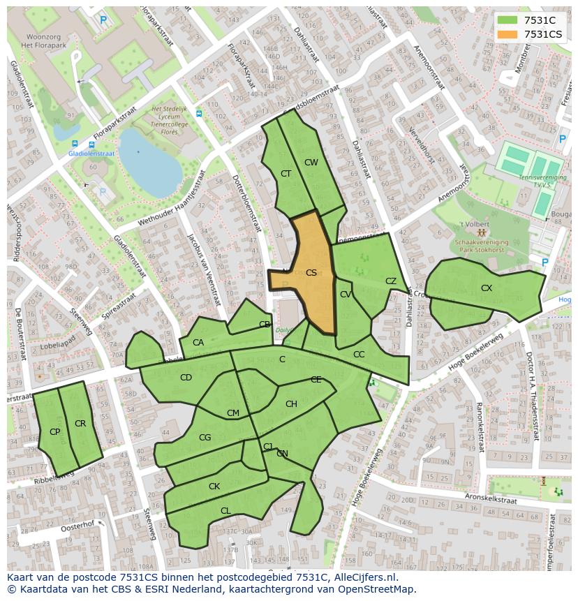 Afbeelding van het postcodegebied 7531 CS op de kaart.