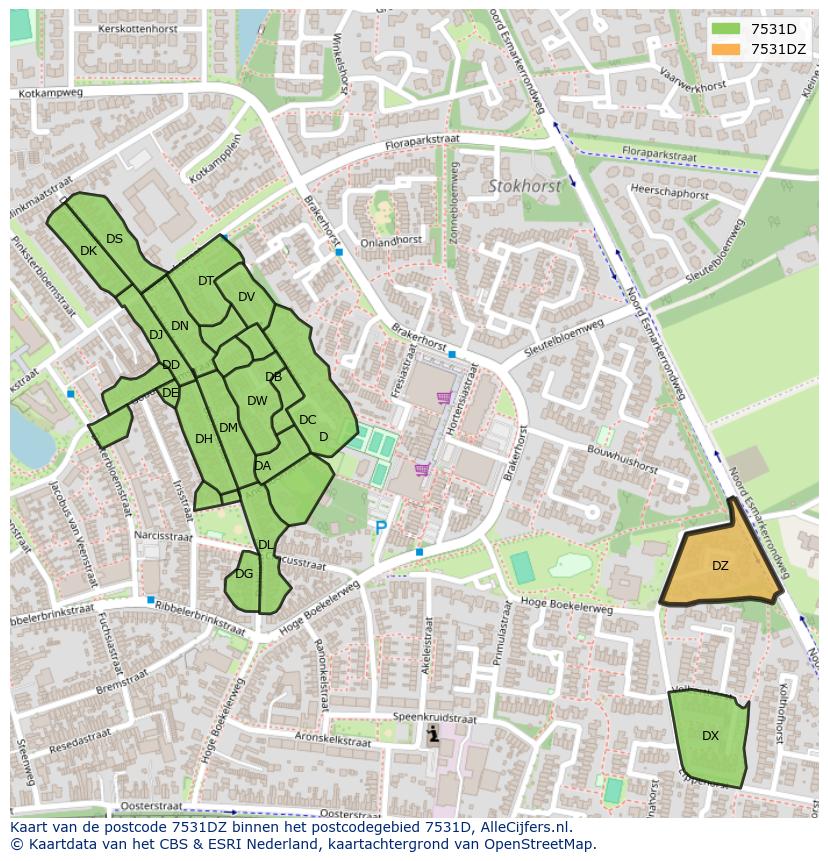 Afbeelding van het postcodegebied 7531 DZ op de kaart.
