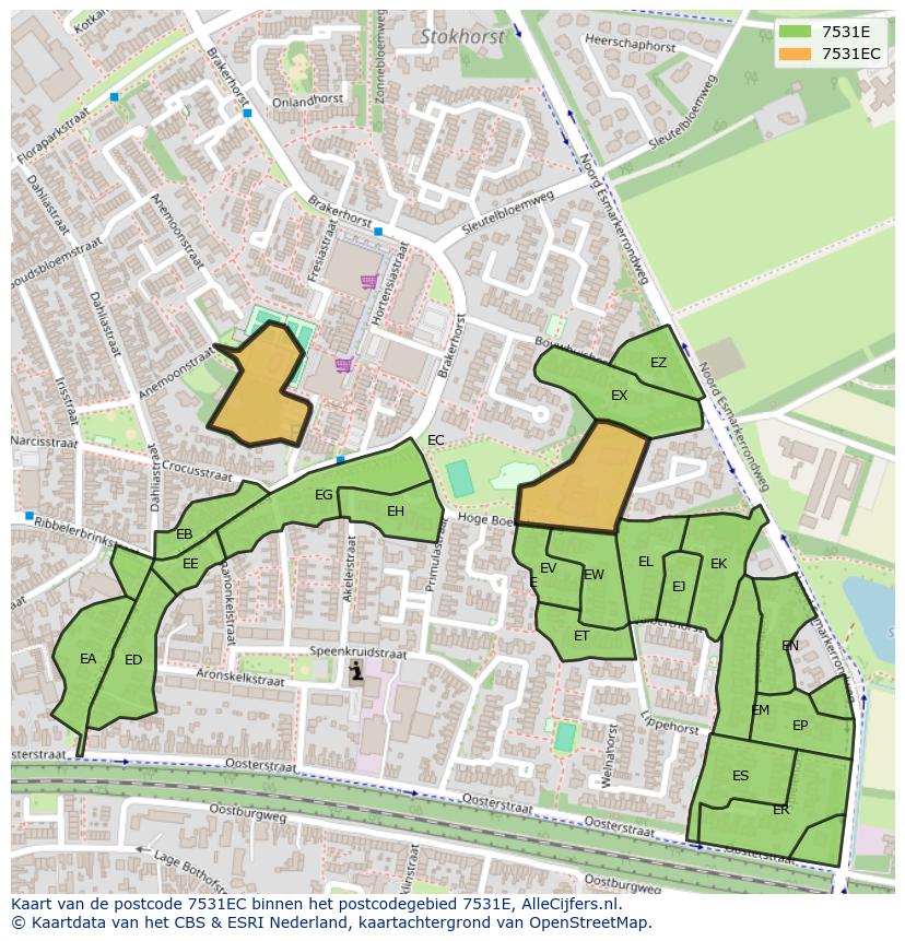 Afbeelding van het postcodegebied 7531 EC op de kaart.