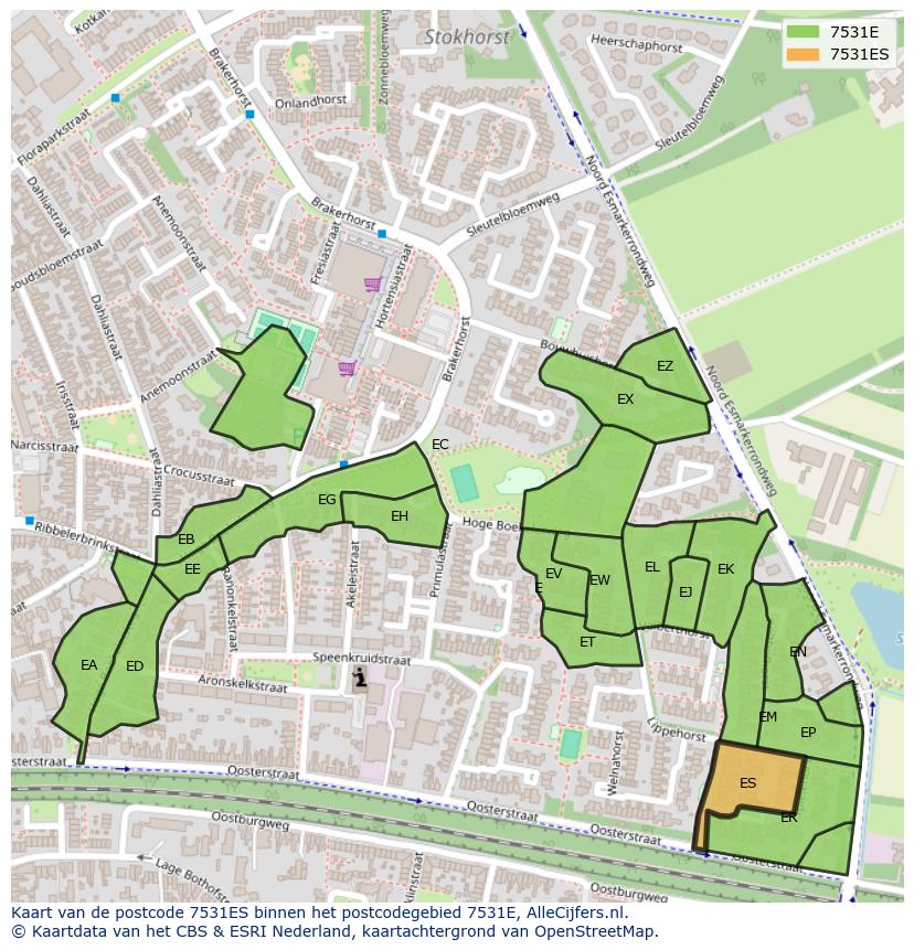 Afbeelding van het postcodegebied 7531 ES op de kaart.