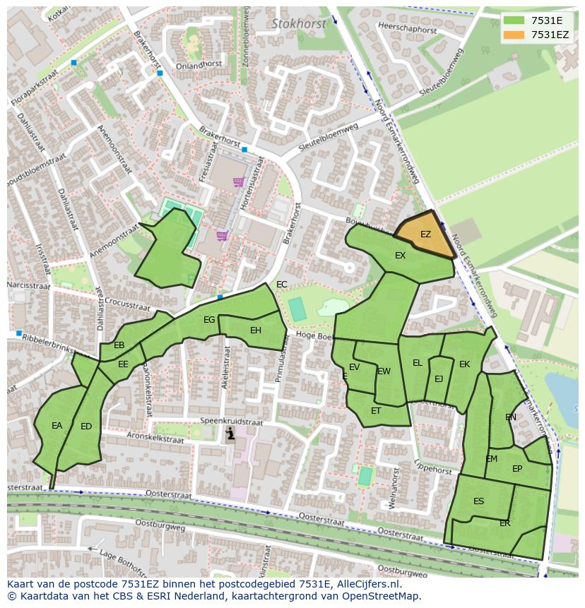 Afbeelding van het postcodegebied 7531 EZ op de kaart.