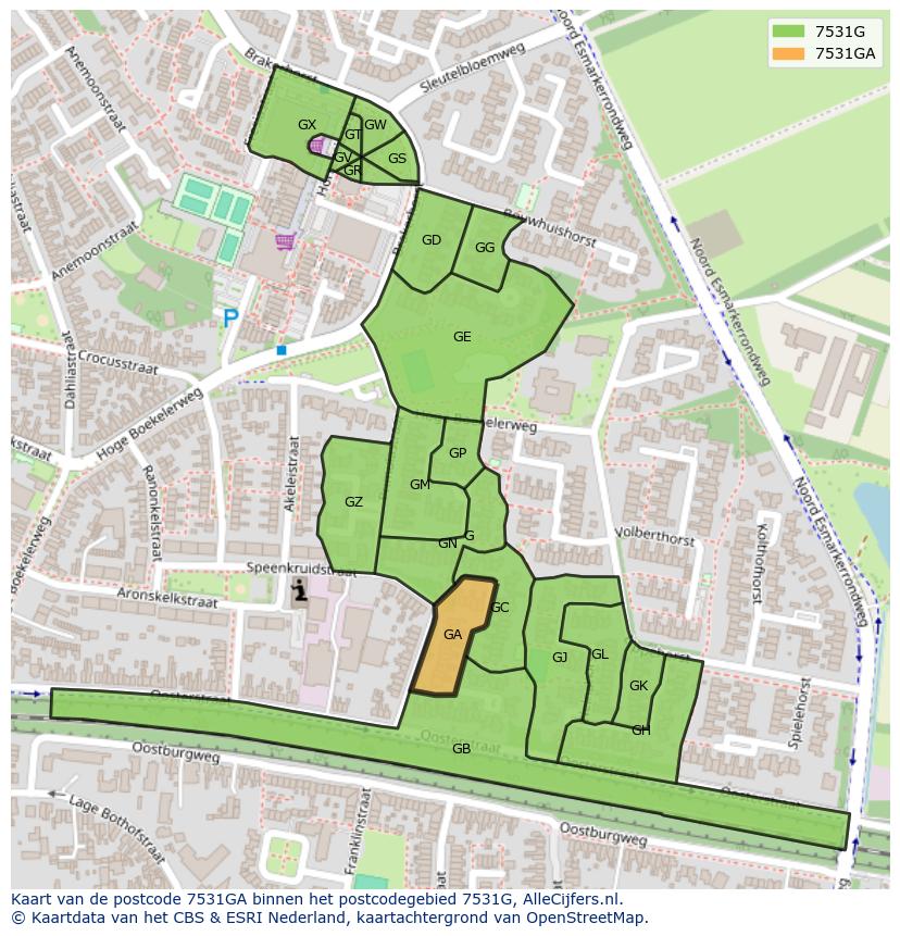 Afbeelding van het postcodegebied 7531 GA op de kaart.