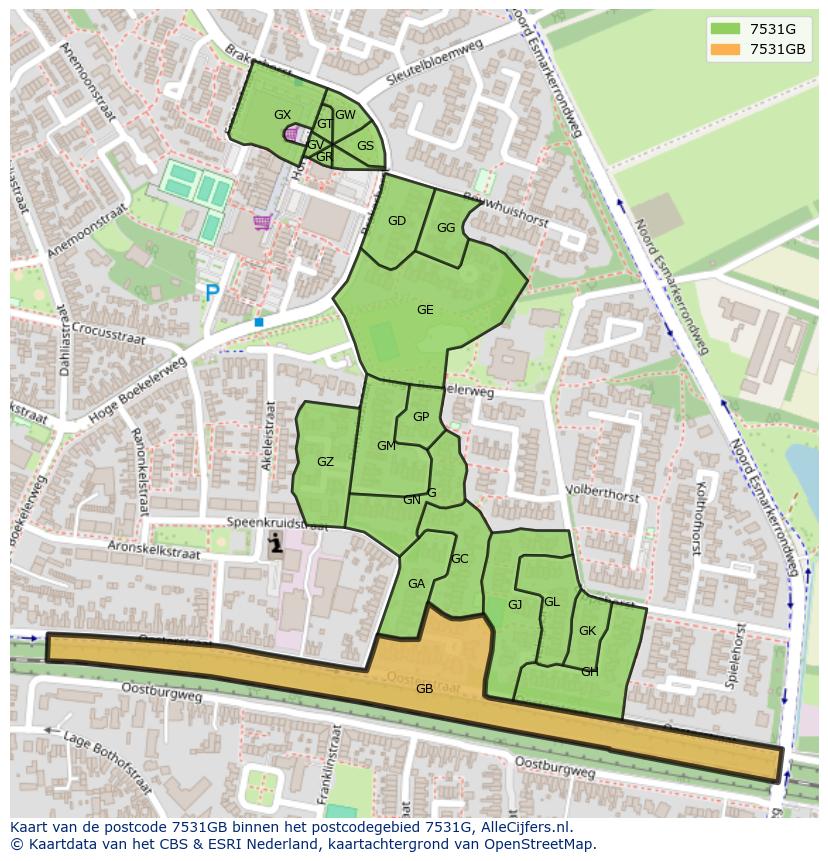 Afbeelding van het postcodegebied 7531 GB op de kaart.