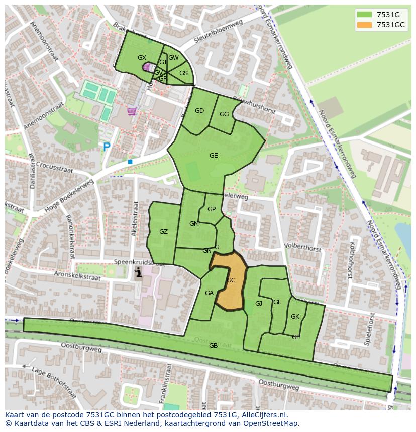 Afbeelding van het postcodegebied 7531 GC op de kaart.