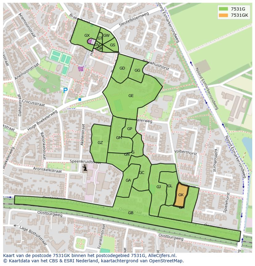 Afbeelding van het postcodegebied 7531 GK op de kaart.