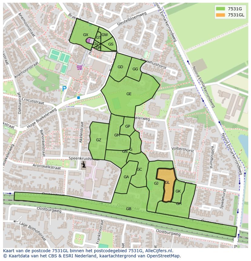 Afbeelding van het postcodegebied 7531 GL op de kaart.
