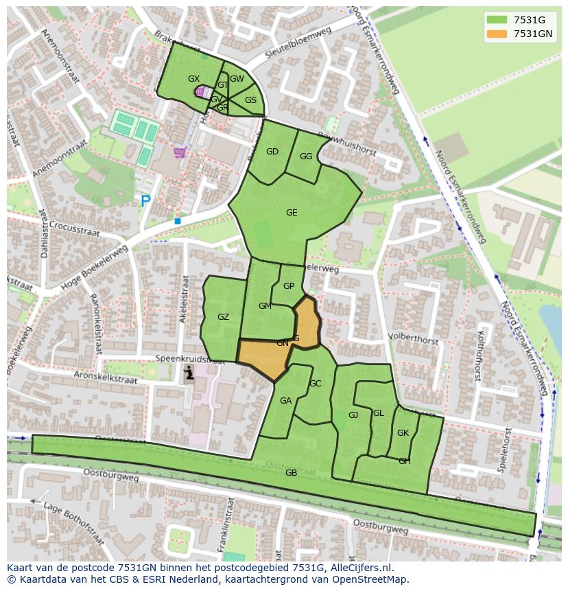 Afbeelding van het postcodegebied 7531 GN op de kaart.