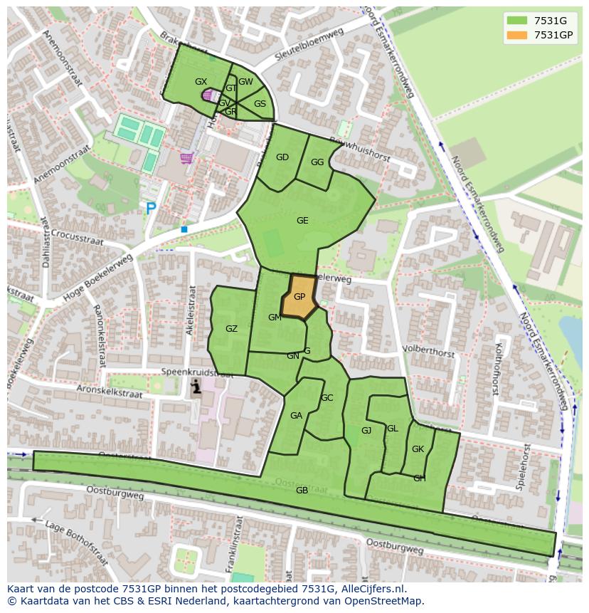 Afbeelding van het postcodegebied 7531 GP op de kaart.