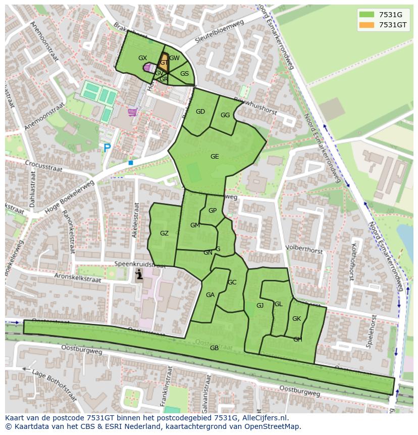 Afbeelding van het postcodegebied 7531 GT op de kaart.