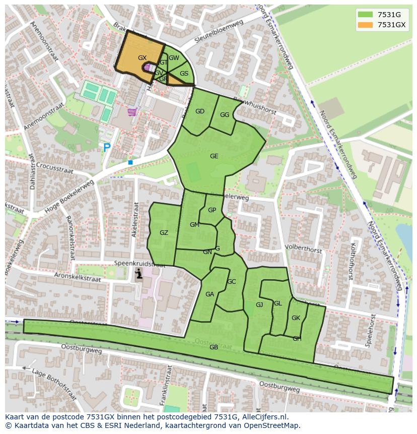 Afbeelding van het postcodegebied 7531 GX op de kaart.