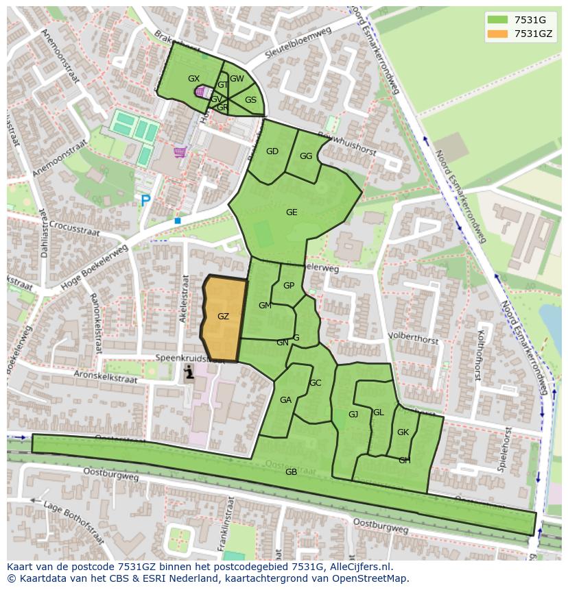 Afbeelding van het postcodegebied 7531 GZ op de kaart.