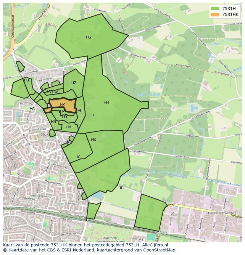 Afbeelding van het postcodegebied 7531 HK op de kaart.