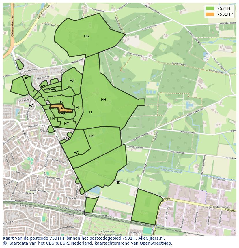 Afbeelding van het postcodegebied 7531 HP op de kaart.