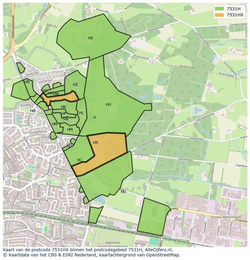Afbeelding van het postcodegebied 7531 HX op de kaart.