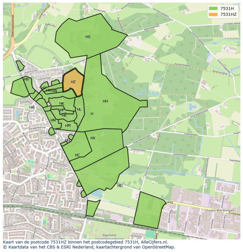 Afbeelding van het postcodegebied 7531 HZ op de kaart.