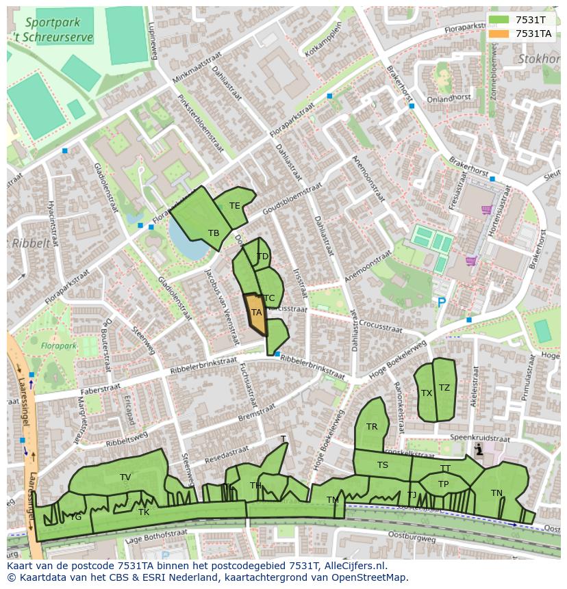 Afbeelding van het postcodegebied 7531 TA op de kaart.