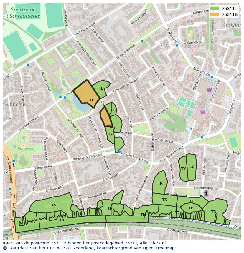 Afbeelding van het postcodegebied 7531 TB op de kaart.