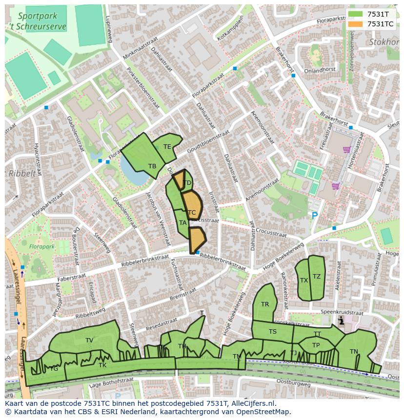 Afbeelding van het postcodegebied 7531 TC op de kaart.