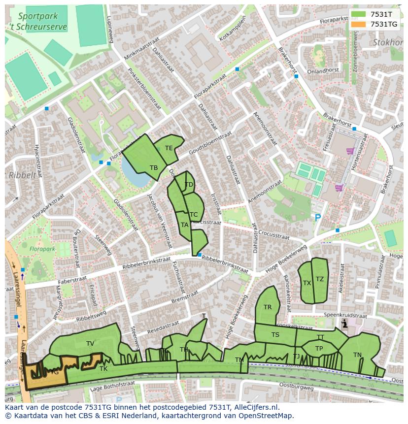Afbeelding van het postcodegebied 7531 TG op de kaart.