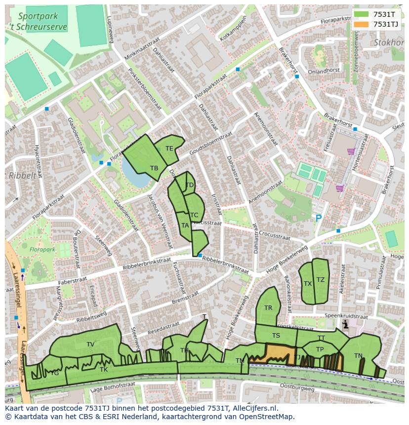 Afbeelding van het postcodegebied 7531 TJ op de kaart.