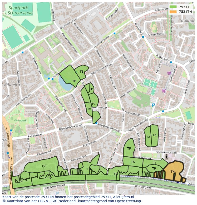 Afbeelding van het postcodegebied 7531 TN op de kaart.