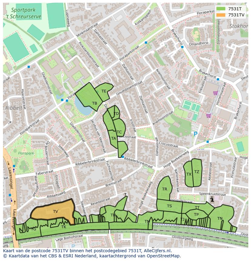 Afbeelding van het postcodegebied 7531 TV op de kaart.