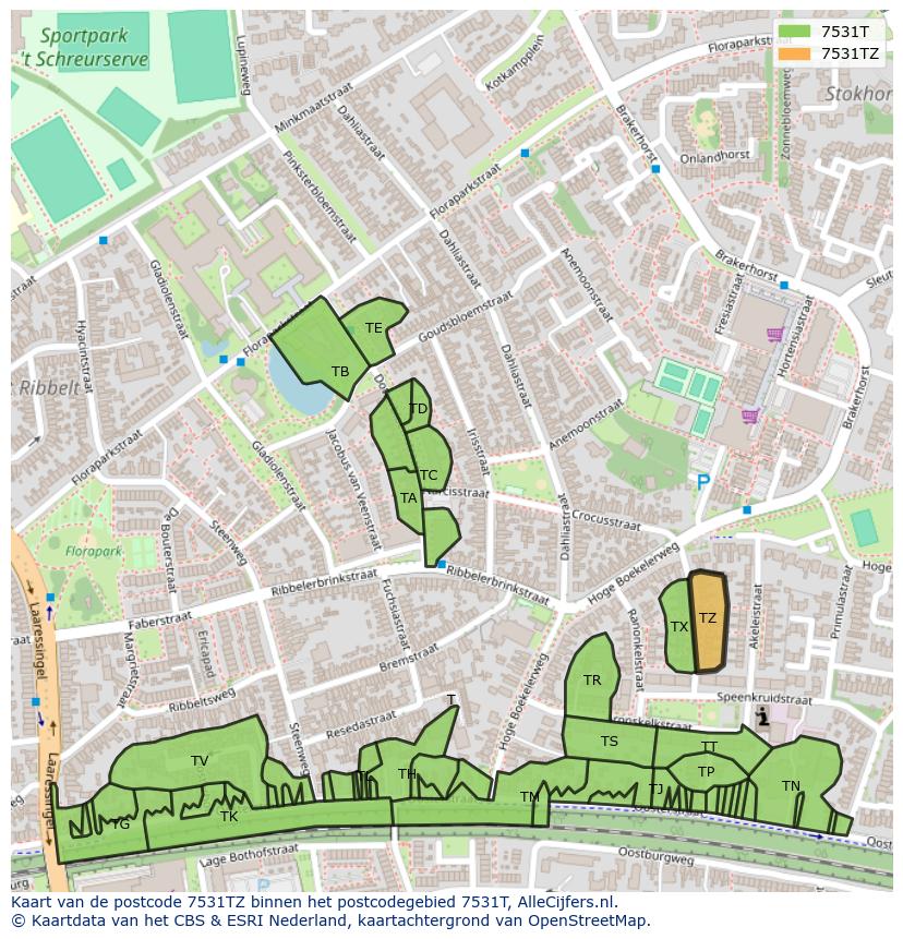 Afbeelding van het postcodegebied 7531 TZ op de kaart.