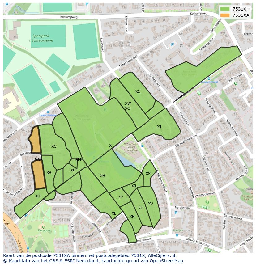 Afbeelding van het postcodegebied 7531 XA op de kaart.