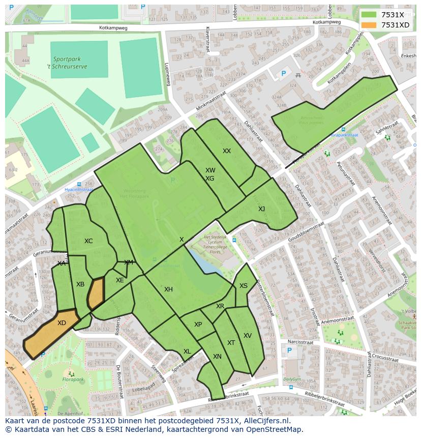 Afbeelding van het postcodegebied 7531 XD op de kaart.